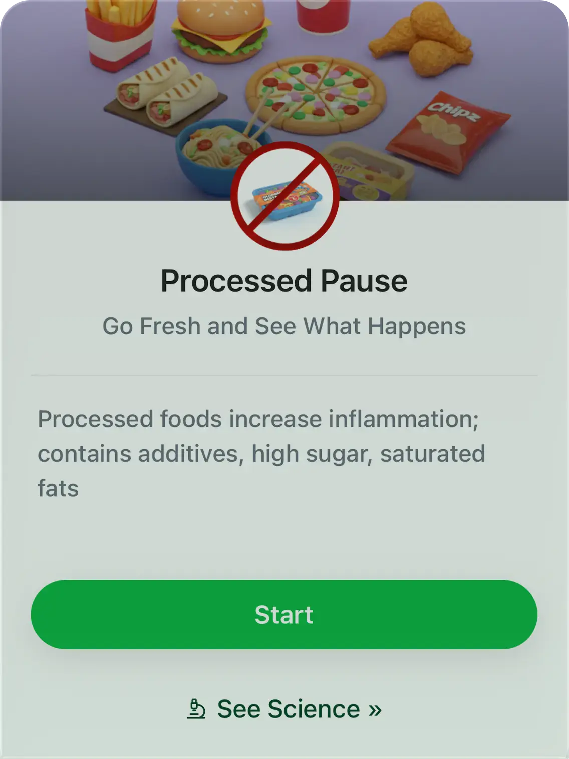 Itchi 30-day psoriasis experiment card showing a Processed Pause challenge backed by scientific research